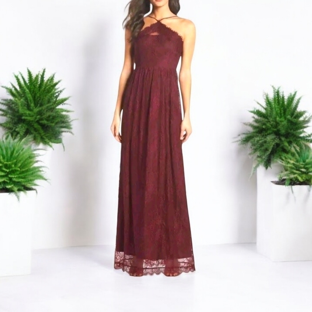 Heartloom Eloise Halter Lace‎ Maxi Gown Dress Burgundy Eyelash Scalloped Med NWT